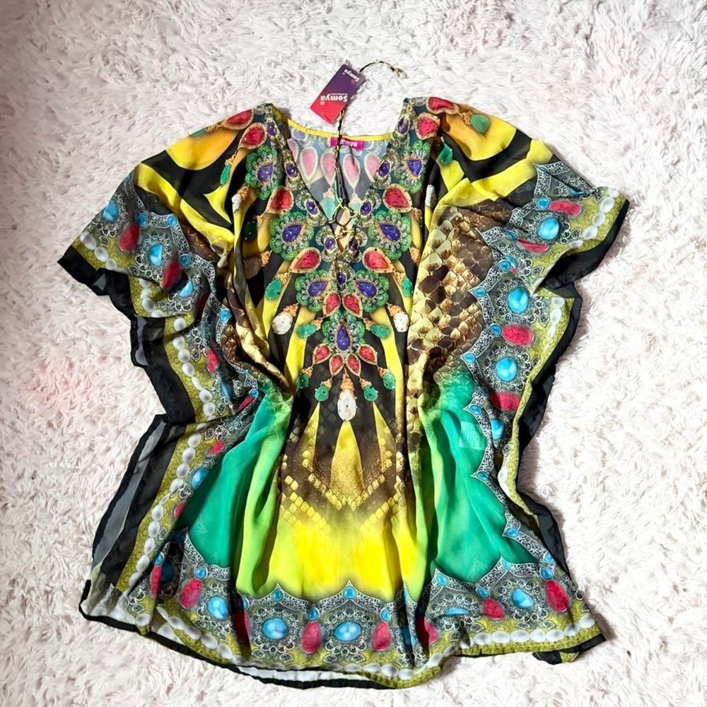 Flowy Sheer Tribal Earthy Gemstone Oversized Poncho Style Top Womens OS Vivid
